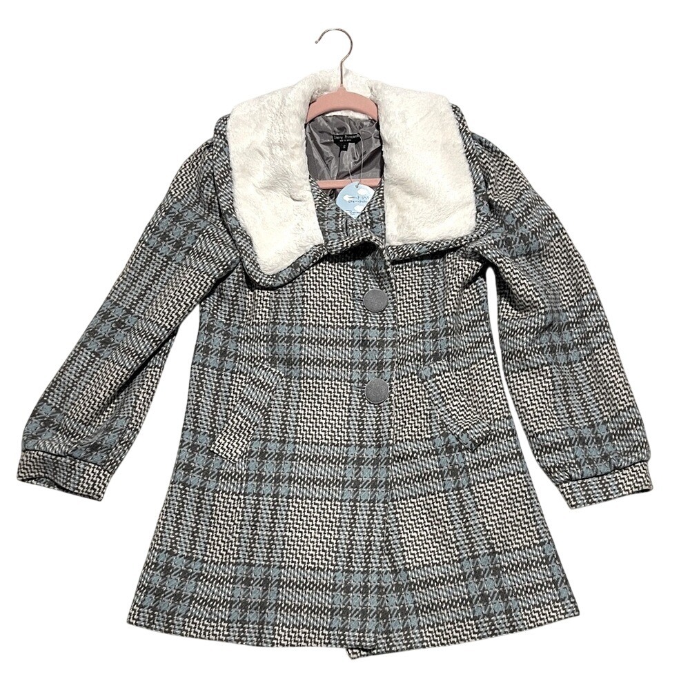 CHERRYKOKO Women's Blue and Grey Plaid  Double Breasted Coat Faux Fur Collar S
